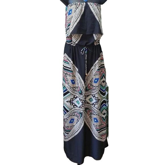 Mossimo Women's strapless maxi dress, waist tie, geometric, polyester, Medium - Picture 1 of 8